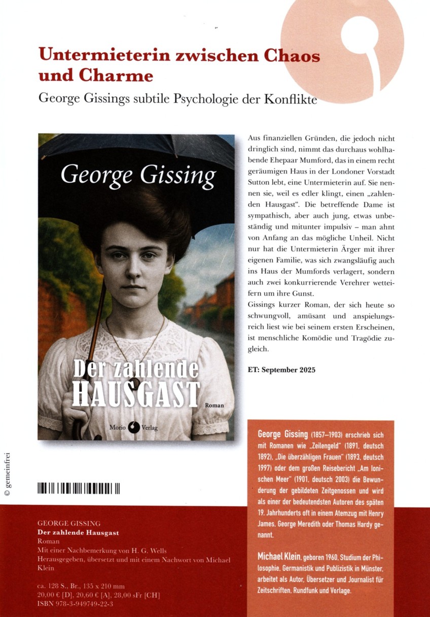 George Gissing, Der zahlende Hausgast in der Vorschau des Morio Verlags, Seite 2