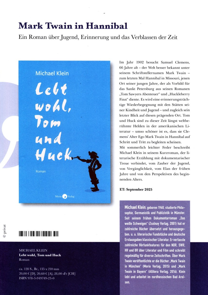 Michael Kleins Roman "Lebt wohl, Tom und Huck" über Mark Twain in der Vorschau des Morio Verlags, Seite 2